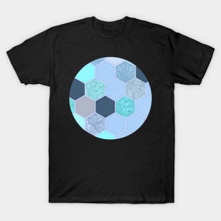 Denim Blue, Aqua & Indigo Hexagon Doodle Pattern T-Shirt